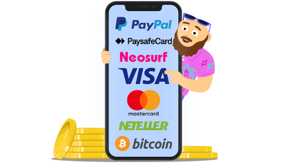 Casinobernie schaut neben einem Smartphone hervor, das so groß ist wie er. Darauf sind Logos verschiedener Zahlungsanbieter für Cainos, darunter Paypal, Paysafecard, Neosurf, Visacard und Bitcoin.
