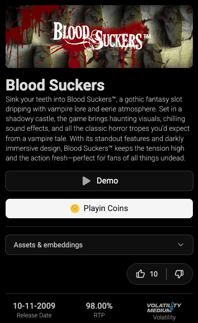 Offizielle Webseite des Blood Sucker Slots mit 98 % RTP Angabe
