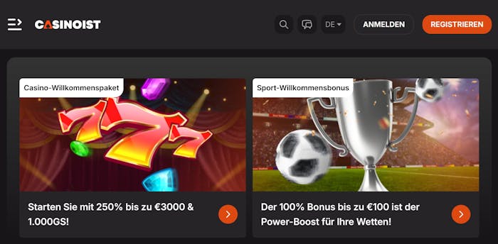 Casinoist Screenshot mit der Startseite, auf welcher die Willkommensangebote abgebildet sind.
