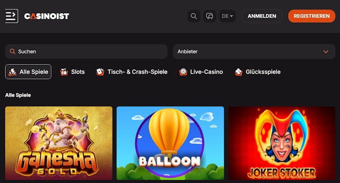 Casinoist Screenshot mit der Auswahl der Spiele.