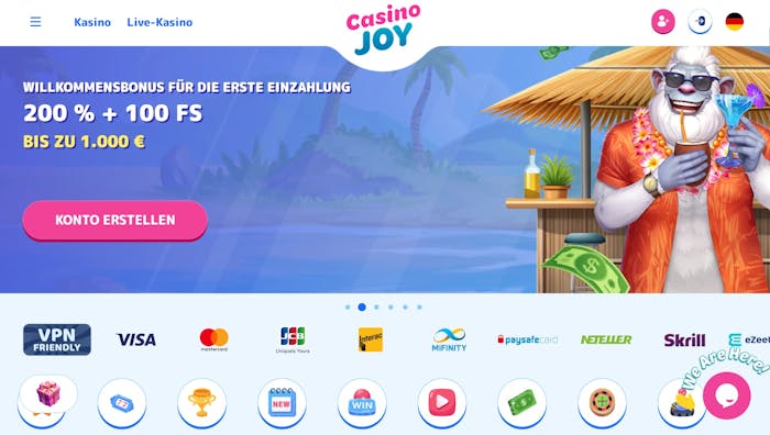 Die Homepage von Casino Joy mit einer Beschreibung über den Willkommensbonus von 200 % bis zu 1.000 €+ 100 FS 