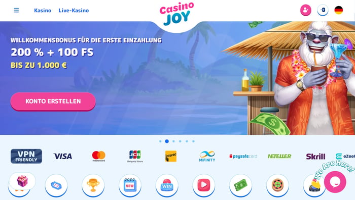 Die Homepage von Casino Joy mit einer Beschreibung über den Willkommensbonus von 200 % bis zu 1.000 €+ 100 FS