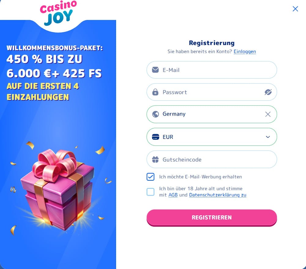 Das Registrierungsformular von Casino Joy