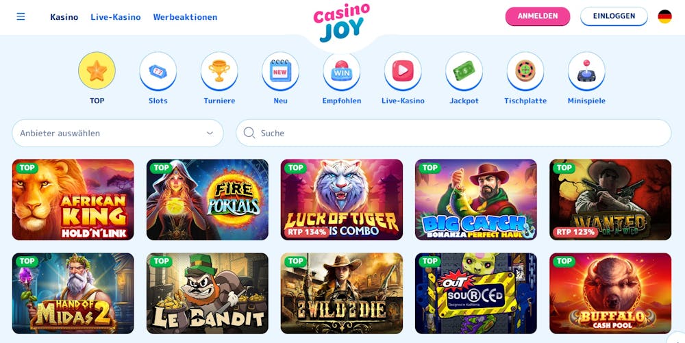 Die Spielauswahl bei Casino Joy mit vielen verschiedenen Titeln wie Fire Portals und Le Bandit