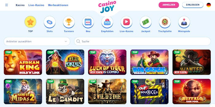 Die Spielauswahl bei Casino Joy mit vielen verschiedenen Titeln wie Fire Portals und Le Bandit