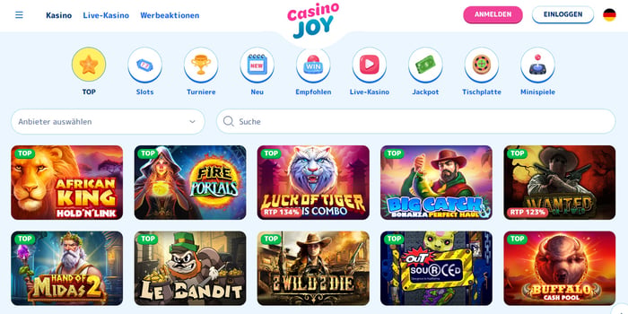 Die Spielauswahl bei Casino Joy mit vielen verschiedenen Titeln wie Fire Portals und Le Bandit