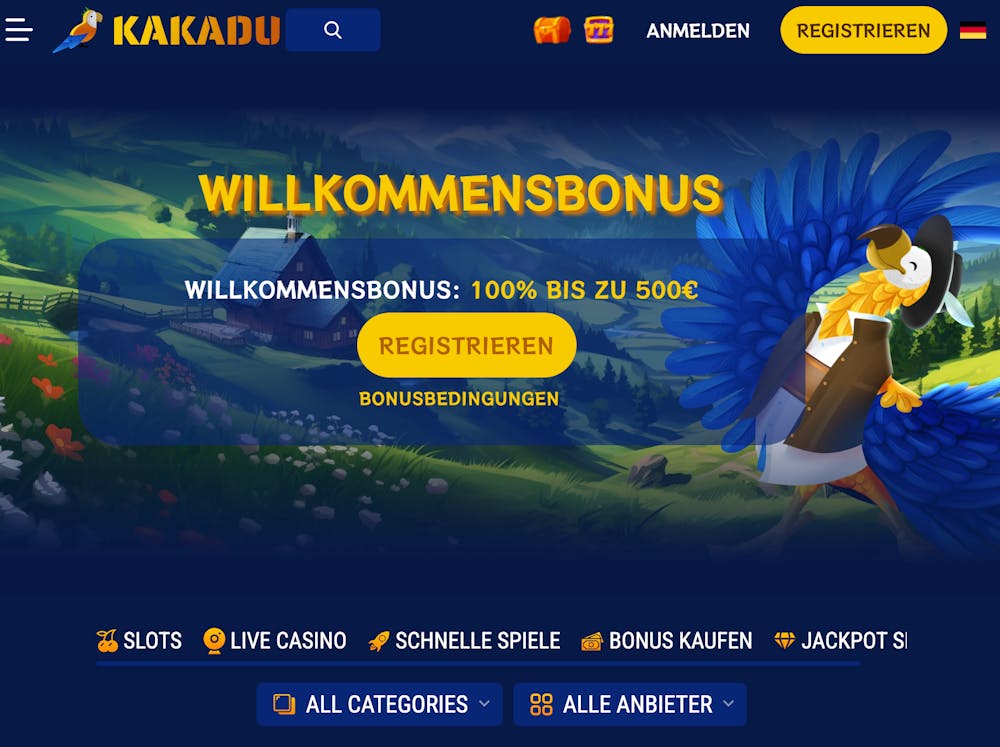 Startseite des Casino Kakadu mit Willkommensbonusbanner, Suchleiste, Spielkategorien, Anmeldebutton, Sprachauswahl