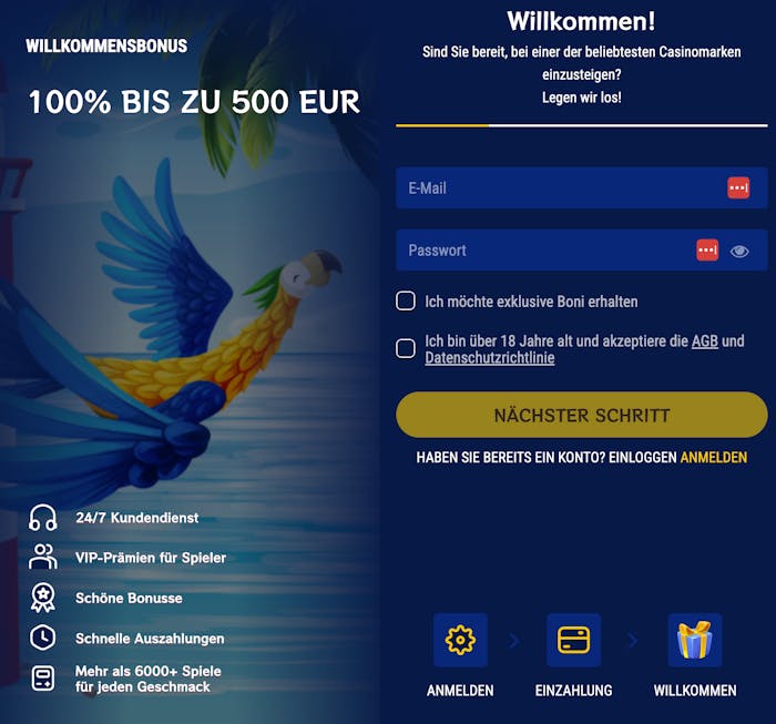 Casino Kakadu Anmeldeformular mit Willkommensbonusangebot