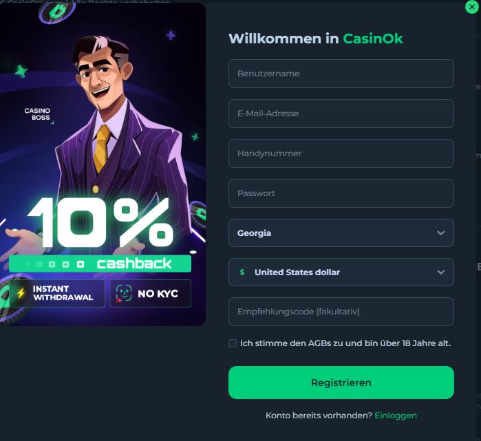 Anmeldeformular im CasinoK