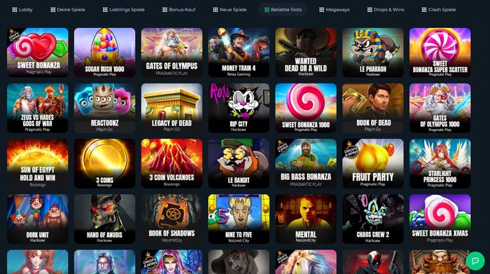 Spielauswahl im CasinoK zeigt Spiele wie Sweet Bonanza