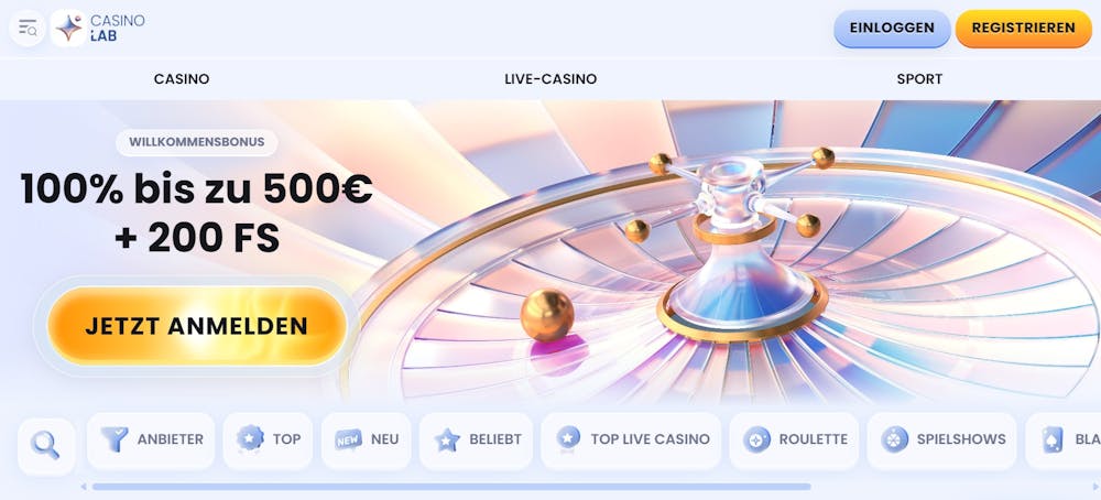 Startseite im Casinlab Casino zeigt Willkommensbonus neben Spielkategorien und Anmeldebutton