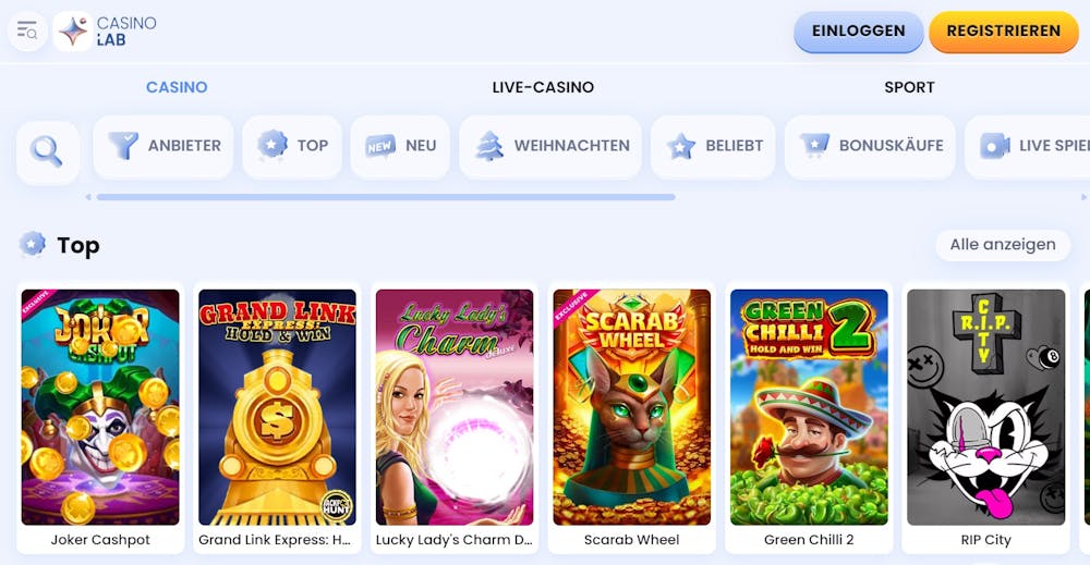 Spiellobby im Casinolab Casino zeigt top Spiele wie Joker Cashpot neben anderen Spielkategorien