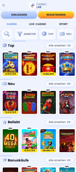 Spiellobby im Casinolab Casino zeigt top Spiele wie 3 Fuego Chillies neben anderen Spielkategorien