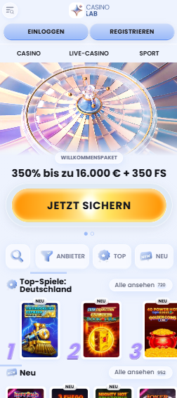 Startseite im Casinolab Casino zeigt Willkommensbonus neben Spielkategorien und Anmeldebutton