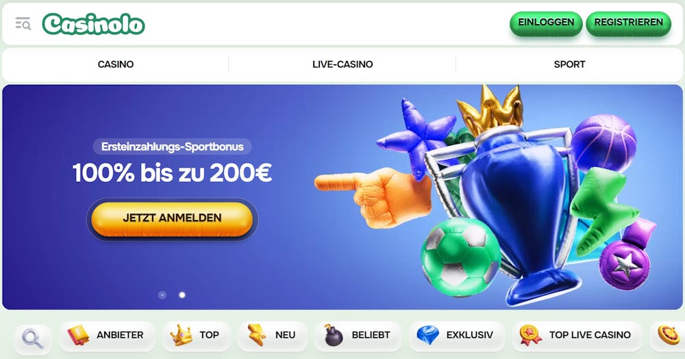 Startseite im Casinolo Casino zeigt Einzahlungs-Sportbonus und Spielkategorien