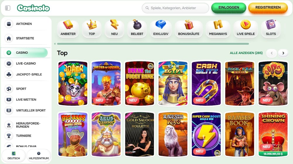 Spiellobby im Casinolo Casino zeigt top Spiele wie Ramses Book neben anderen Casino Bereichen