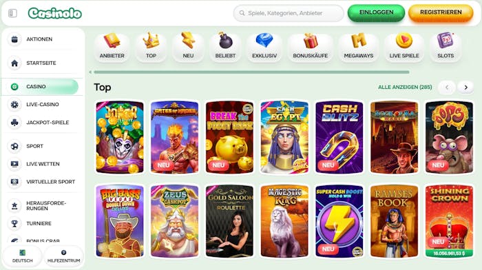 Spiellobby im Casinolo Casino zeigt top Spiele wie Ramses Book neben anderen Casino Bereichen