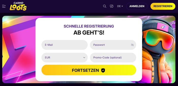 Startseite im Casinoloots Casino zeigt Anmeldeformular