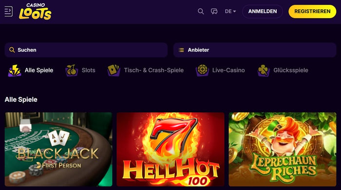 Spiellobby im Casinoloots zeigt Spiele wie Blackjack First Person neben anderen Spielkategorien