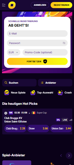 Startseite im Casinoloots Casino zeigt Anmeldeformular