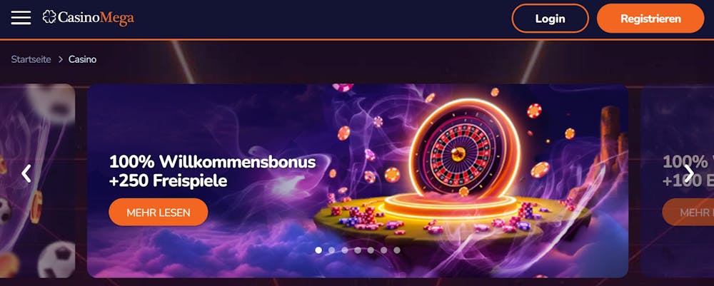 Casino Mega Startseite zeigt Willkommensbonusangebote neben Anmeldebutton