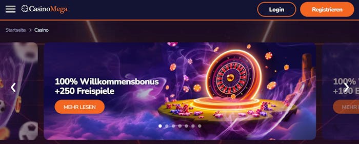 Casino Mega Startseite zeigt Willkommensbonusangebote neben Anmeldebutton