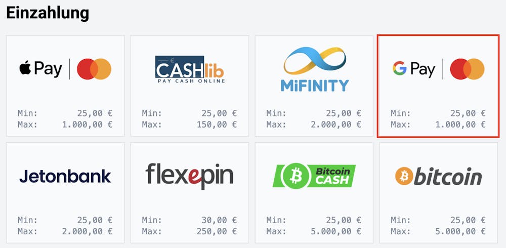 Auswahl von Google Pay als Zahlungsmethode im Google Pay Casino