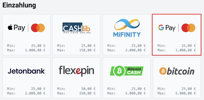 Auswahl von Google Pay als Zahlungsmethode im Google Pay Casino