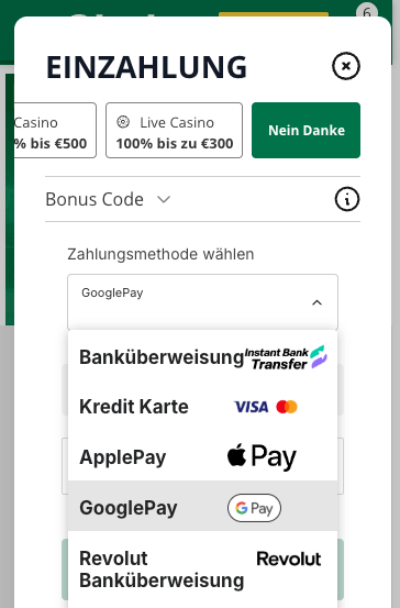 Auswahl von Google Pay als Zahlungsmethode im Google Pay Casino