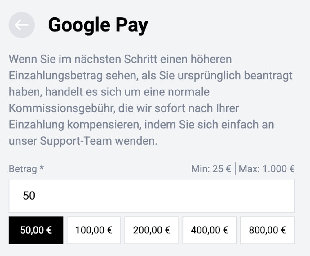 Angabe des Einzahlungsbetrags im Online Casino mit Google Pay