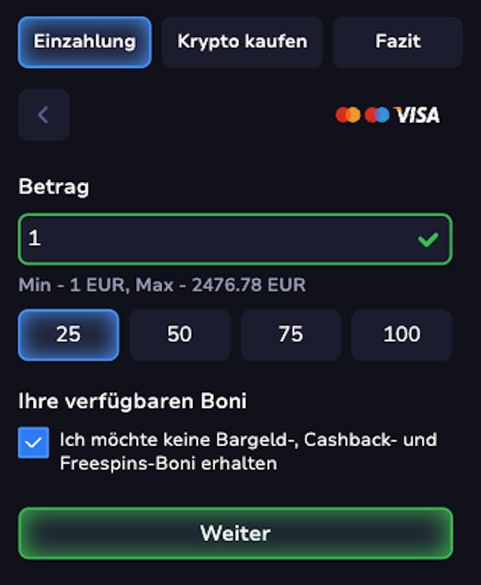 Beispiel für ein Casino ohne Mindesteinzahlung 1 Euro