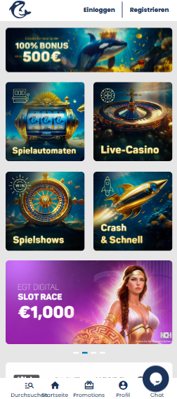 Startseite des Casino Orca zeigt Willkommensbonus, Menü und andere Angebote
