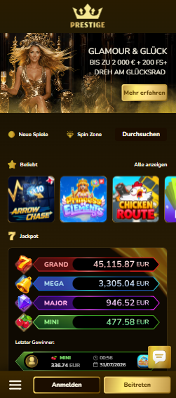 Screenshot vom Casino Prestige mit der Startseite, auf welcher der Willkommensbonus dargestellt wird.