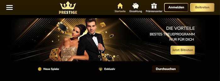 Screenshot vom Casino Prestige mit der Startseite, auf welcher der Willkommensbonus dargestellt wird.