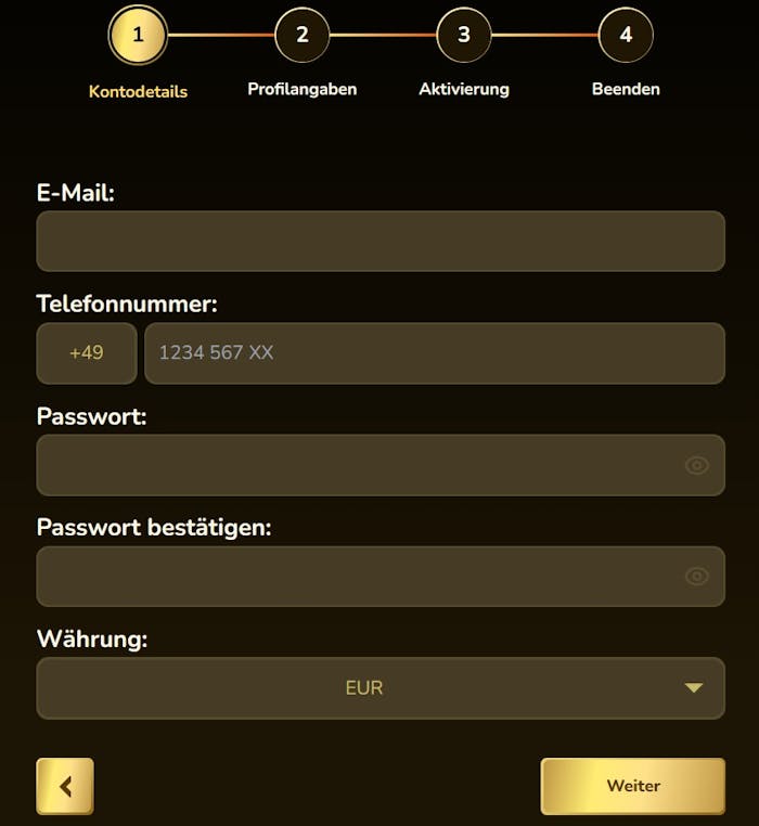 Casino Prestige Screenshot mit der Anmeldeseite zum Eingeben der Daten.