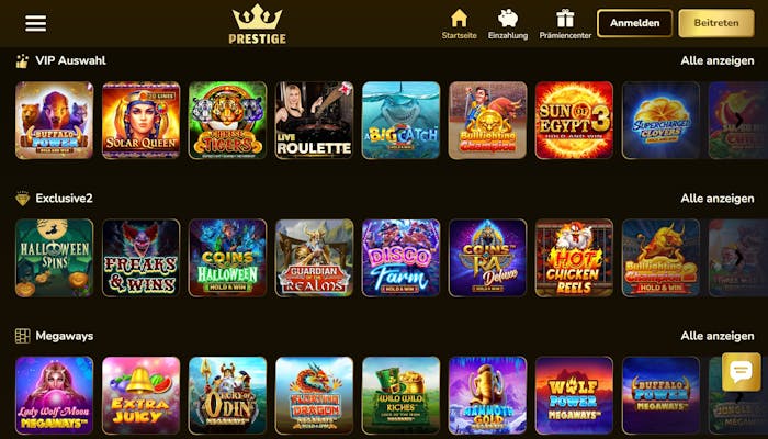 Casino Prestige Screenshot mit der Slot Auswahl und Casino Spiele Auswahl.