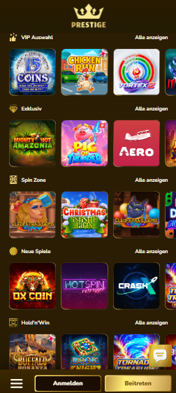 Casino Prestige Screenshot mit der Slot Auswahl und Casino Spiele Auswahl.