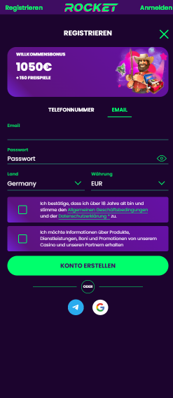 Casino Rocket Spiellobby mit Spielkategorien, Suchleiste, Filter und fünf Spielen, darunter Plinko.