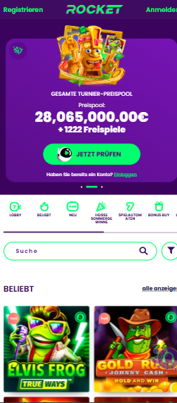 Casino Rocket Startseite mit Suchleiste, Anmeldebutton, Gesamtpreispool der Turniere des Casinos.
