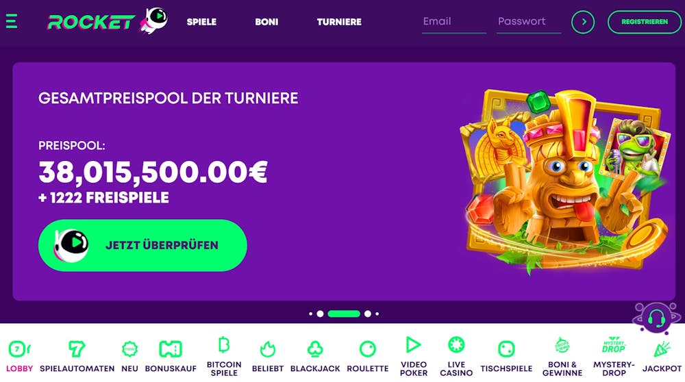 Casino Rocket Startseite mit Suchleiste, Anmeldebutton, Gesamtpreispool der Turniere