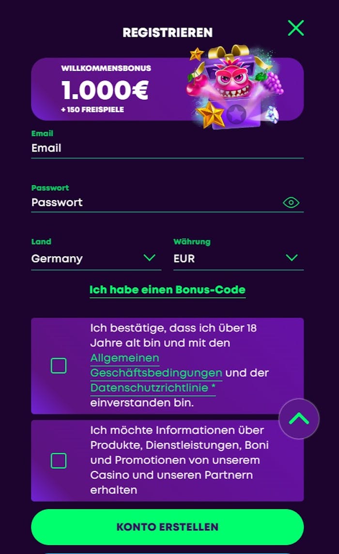 Casino Rocket Anmeldeformular mit Willkommensbonusangebot