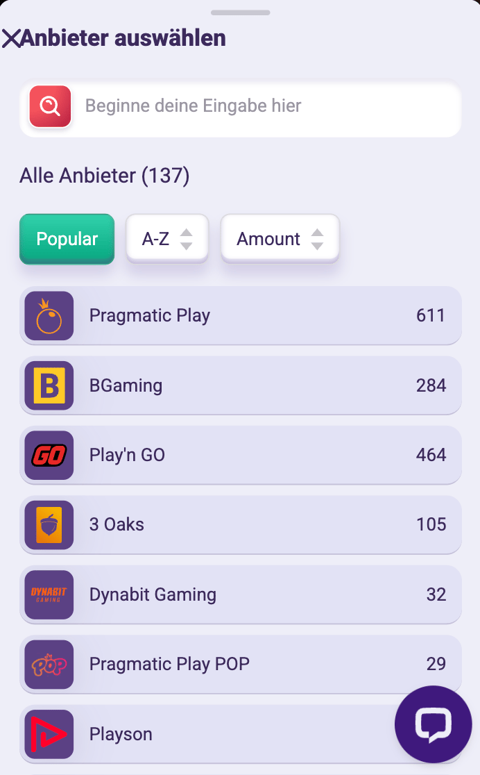 Beispiel für eine Anbieterübersicht im Online Casino
