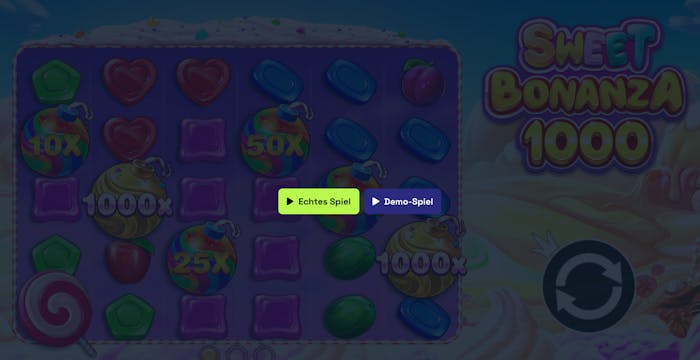 Demoversion des Casino Spiels Sweet Bonanza 1000 mit den Optionen für echtes Spiel oder Demo Spiel