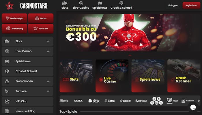 Die Startseite von Casinostars Casino mit einer Beschreibung über den Willkommensbonus von bis zu 300 €