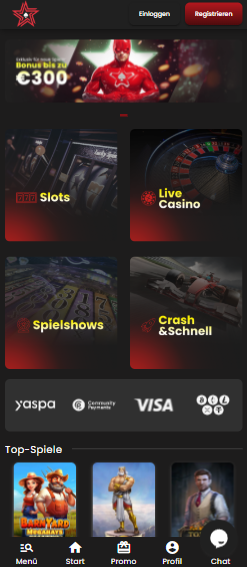 Die Startseite von Casinostars Casino mit einer Beschreibung über den Willkommensbonus von bis zu 300 €.