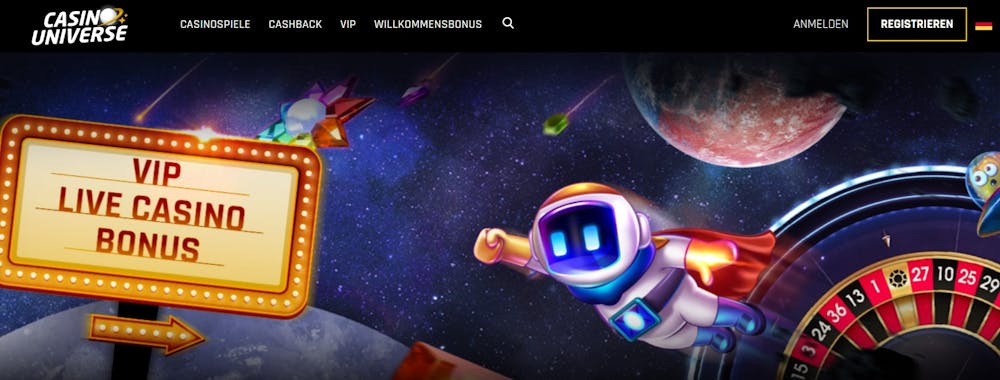 Casino Universe Startseite mit Anmeldebutton, Menü und galaktischer Abbildung mit Verweis auf VIP Live Casino Bonus