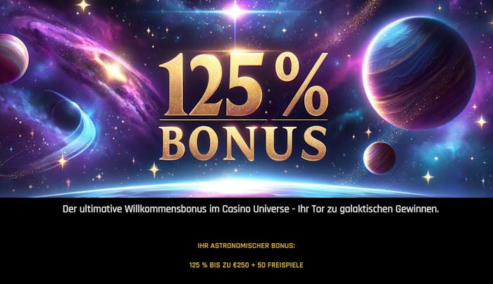 Casino Universe Willkommensbonus von 125 Prozent mit Weltraum-Hintergrund