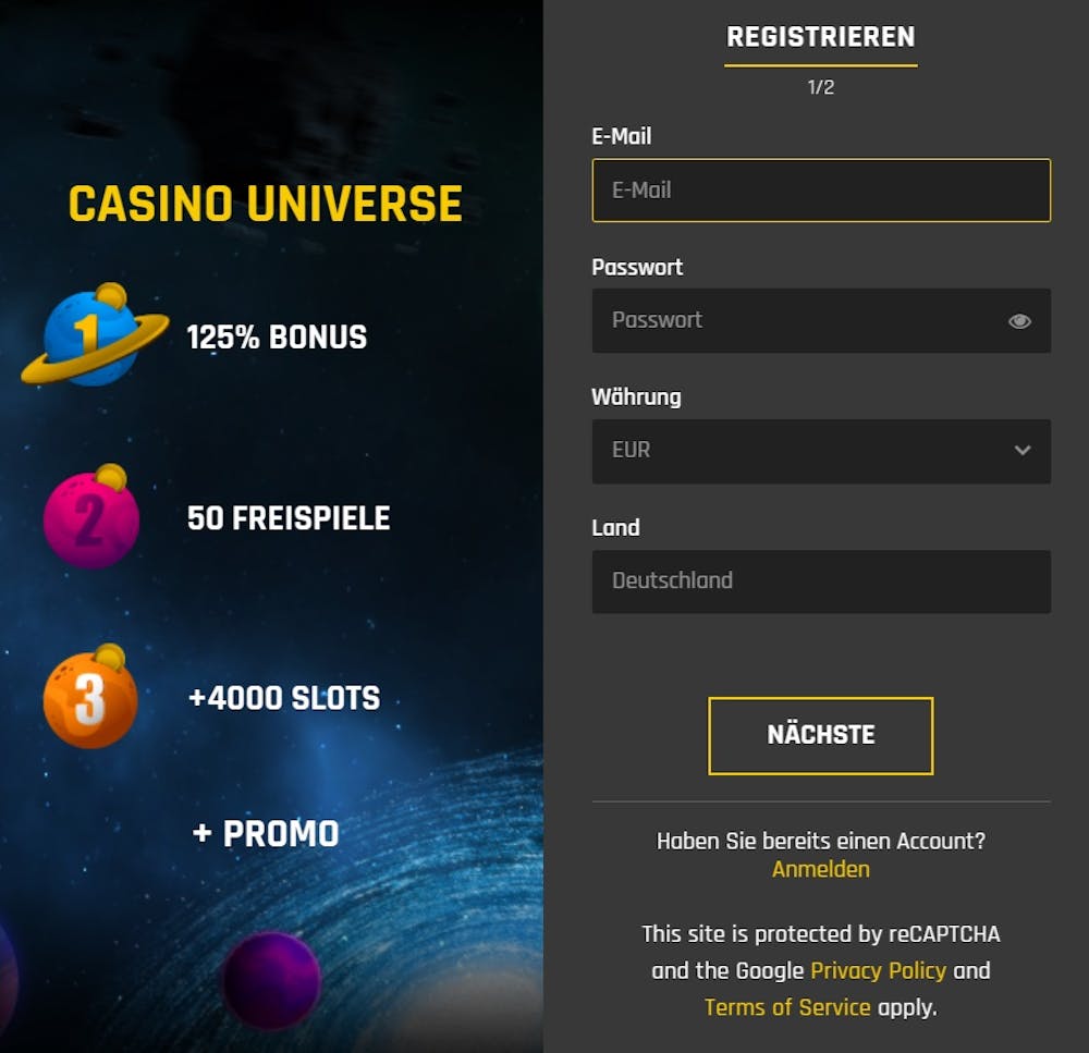 Casino Universe Anmeldeformular mit Bonusangebot