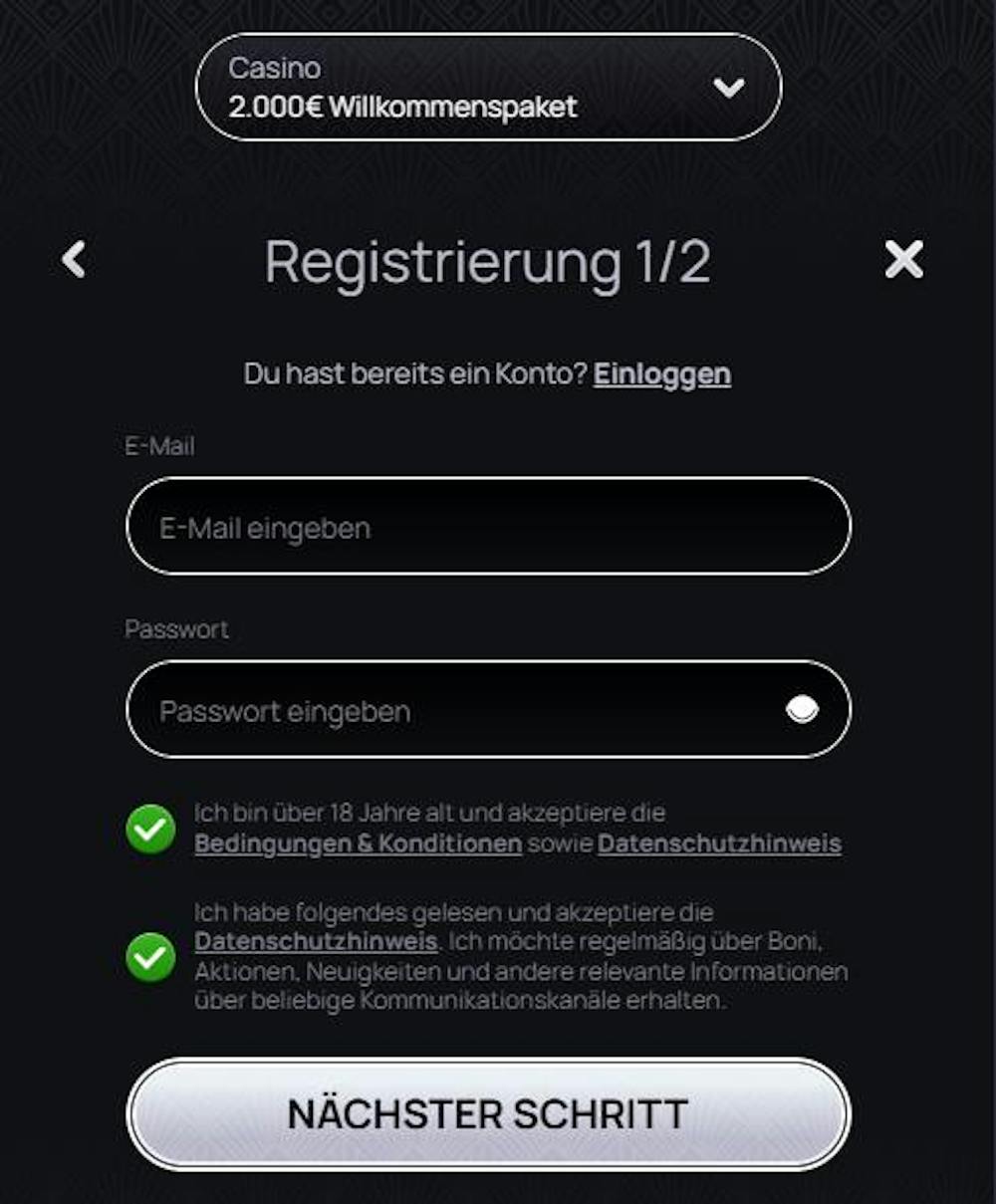 Registrierungsformular im Casinova Casino