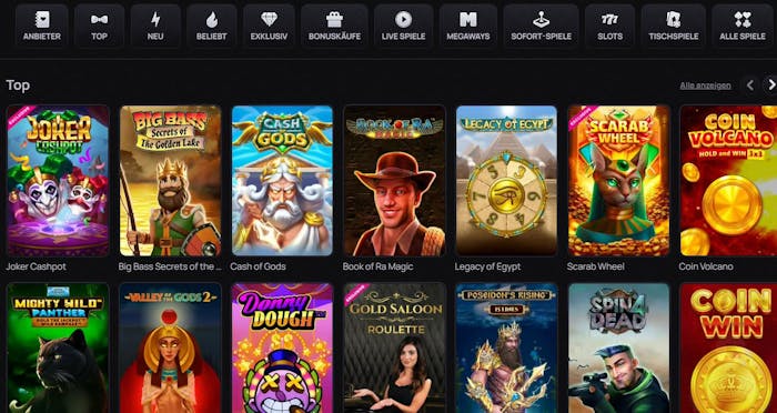 Spiellobby im Casinova Casino zeigt Top Spiele wie Book of Ra neben anderen Spielkategorien